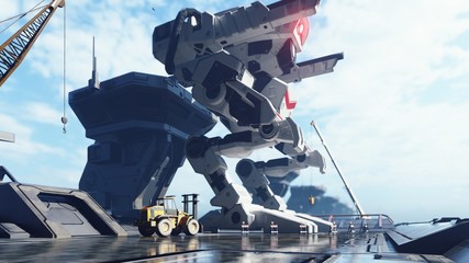 A huge military robot on a futuristic military training ground. An apocalyptic view of the technology of the future. 3D Rendering © designprojects