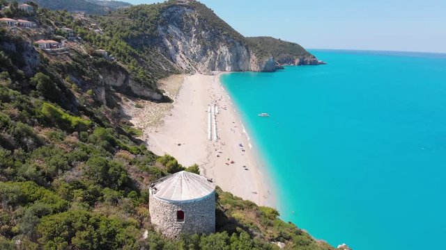 Aerial shot of beautiful Milos beach on Lefkada island, Greece