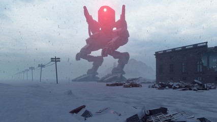 A huge military robot stands in the middle of the ruined apocalyptic city. View of the Apocalypse. 3D Rendering