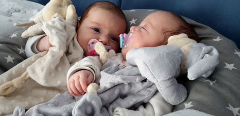  twin babies lying with a pacifier and dou dou