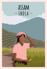 Assam retro poster. Assam travel illustration. States of India greeting card.