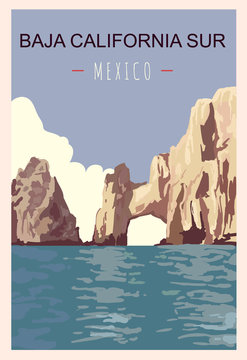Baja California Sur retro poster. Travel illustration. States of Mexico