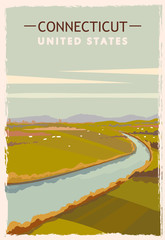 Connecticut retro poster. USA Connecticut travel illustration. United States of America greeting card.