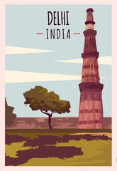 Delhi retro poster. Delhi travel illustration. States of India