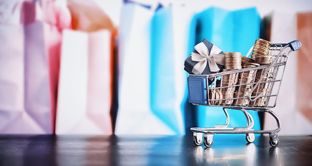 Background shopping trolley. Concept of shopping for groceries and things. Weekend shop.