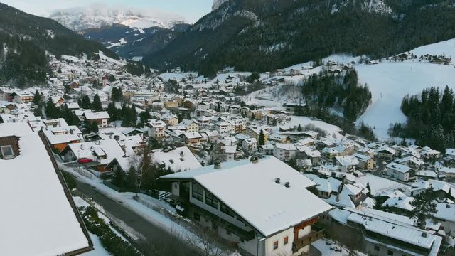Aerial of ski center Val Gardena in Dolomites Italy