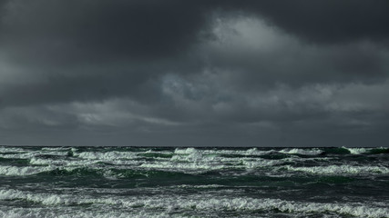 Green sea with big waves. Baltic Sea.