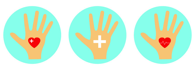 Set of medical care vector icons. Raised up hand with a red heart, medical cross and heartbeat symbol in the palm in a blue circle isolated on white background.