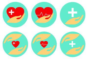 Set of medical care vector icons. Two hands holding a red heart, medical cross and heartbeat symbol in the palms in a blue circle isolated on white background.