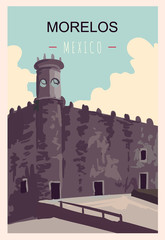 Morelos retro poster. Morelos travel illustration. States of Mexico greeting card.