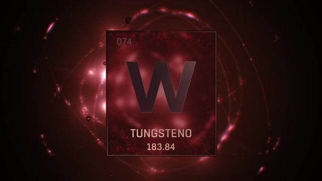 Tungsten as Element 74 of the Periodic Table. Seamlessly looping 3D animation on red illuminated atom design background with orbiting electrons. Name, atomic weight, element number in Spanish language