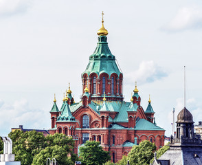 Towers of Uspenski Cathedral in Helsinki in Finland. Viewed from south.