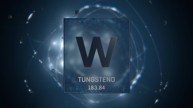 Tungsten as Element 74 of the Periodic Table. Seamlessly looping 3D animation on blue illuminated atom design background with orbiting electrons. Name, atomic weight, element number in Spanish languag