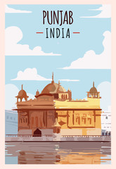 Punjab retro poster. Harmandir-Sahib Punjab travel illustration. States of India