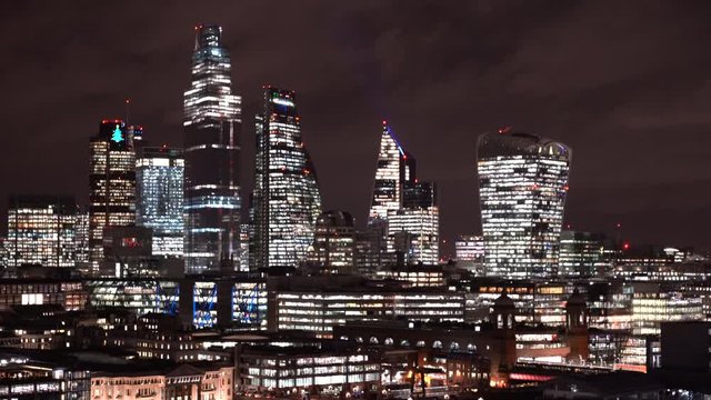 Panoramic view of London city skyscrapers by night