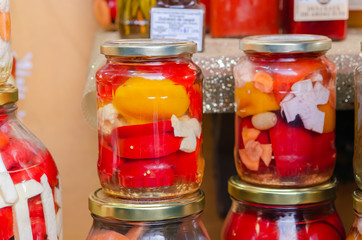 Homemade mixed pickles jars of marinated vegetables