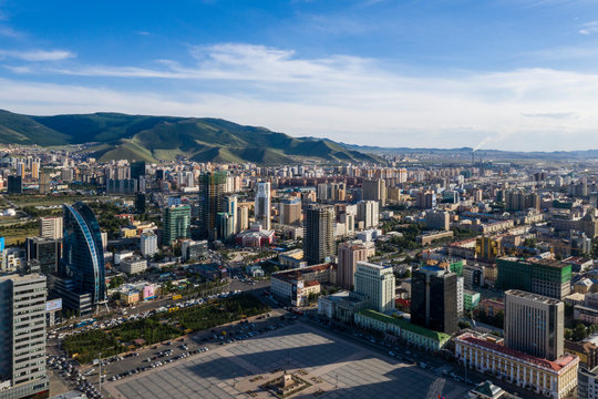 Fototapeta Aerial view of Ulaanbaatar, the capital of Mongolia, circa June 2019