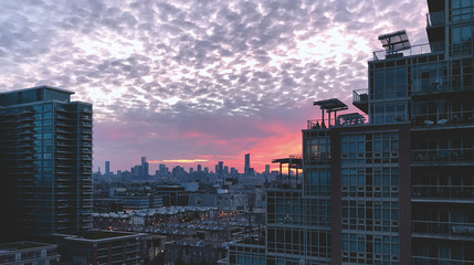 Sunrise over Toronto, Canada. Skyline, Colorful sky. Liberty Village neighborhood.