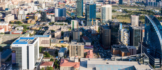 Fototapeta na wymiar Aerial view of Ulaanbaatar, the capital of Mongolia, circa June 2019