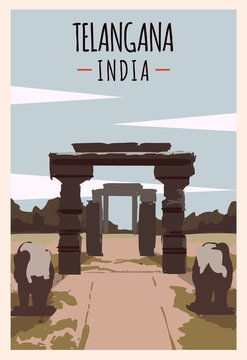 Telangana Warangal retro poster. Telangana travel illustration. States of India
