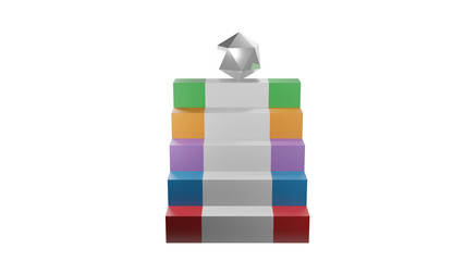 3D rendering growth steps with a diamond at the top of five levels of different colors on a white isolated background