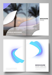 Vector layout of two A4 format modern cover mockups design templates for bifold brochure, magazine, flyer, booklet. Blue color gradient abstract dynamic shapes, colorful geometric template design.