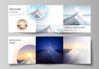 Minimal vector editable layout of square format covers design templates for trifold brochure, flyer, magazine. Mountain illustration, outdoor adventure. Travel concept background. Flat design vector.