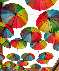 umbrellas in the air, Szentendre Hungary, street decor	