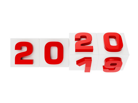 White boxes 2019 rotating to 2020. New Year concept
