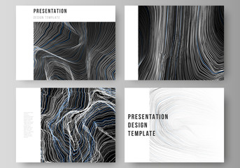 The minimalistic abstract vector illustration of the editable layout of the presentation slides design business templates. Smooth smoke wave, hi-tech concept black color techno background.