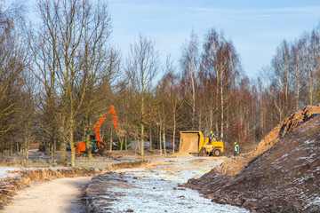 Building a new path in a park. Marking, repair and reconstruction of the pedestrian walkway in the...