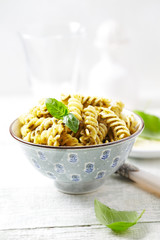 Fusilli Pasta with olive pesto and fresh herbs.
