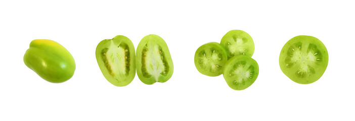 Green unripe tomato, whole, halves and slices isolated on white background top view