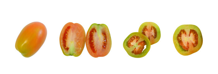 Red green unripe tomato, whole, halves and slices isolated on white background top view