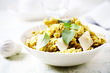 Fusilli Pasta with olive pesto, hard cheese and fresh herbs. 
