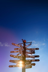 World Traffic signs and directional signpost pointing to famous travel destinations with blue cloudy sky and free copy space for text above
