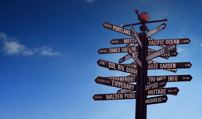 Directional Marker Signpost to world landmarks with blue sky and plane on the background and free...