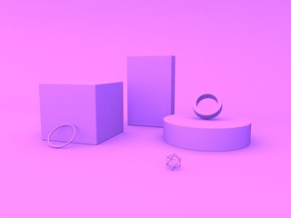 Purple Minimal scene with podium and abstract background. Geometric shape. Purple pastel colors scene. Minimal 3d rendering. Scene with geometrical forms and purple background. 3d render.