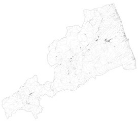Satellite map of Province of Fermo towns and roads, buildings and connecting roads of surrounding areas. Marche region, Italy. Map roads, ring roads