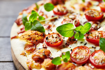 Tasty pizza with cherry tomatoes, mozzarella cheese and fresh oregano. Close up. 