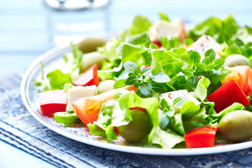 Healthy salad with green olives, tomatoes, red pepper and fresh herbs. Close up. 