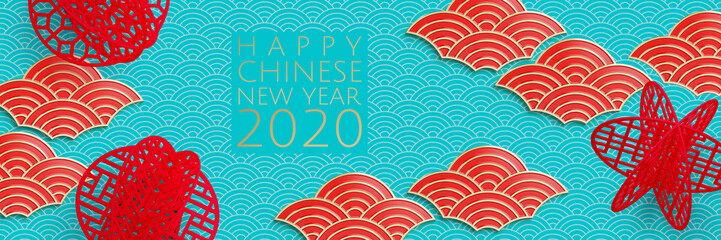 Fototapeta na wymiar Happy Chinese new year web banner. Red and gold geometric oriental wave and Chinese paper cut in ball shape on aqua blue background. 3d rendering illustration.