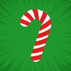 Fototapeta premium Candy cane in cartoon style isolated on green background. Vector illustration of Christmas symbol