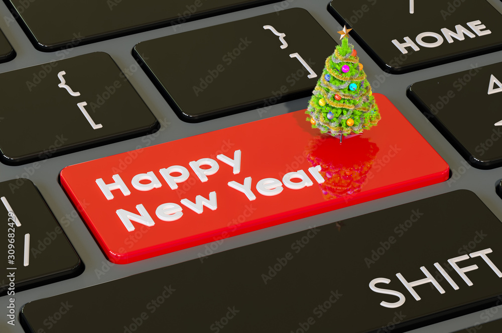 Poster happy new year red keyboard button, 3d rendering