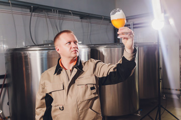 Mature man examining the quality of craft beer at brewery. Inspector working at alcohol manufacturing factory checking beer. Man in distillery checking quality control of draught beer.