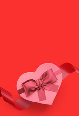 Valentine's Day and love background. Pink heart shape gift box and pink bow ribbon on red background. 3d rendering illustration.