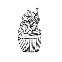 Vector cartoon cupcake with marshmallow cream, strawberries and lemon.