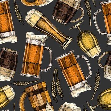 seamless pattern with different beer glasses and mugs.