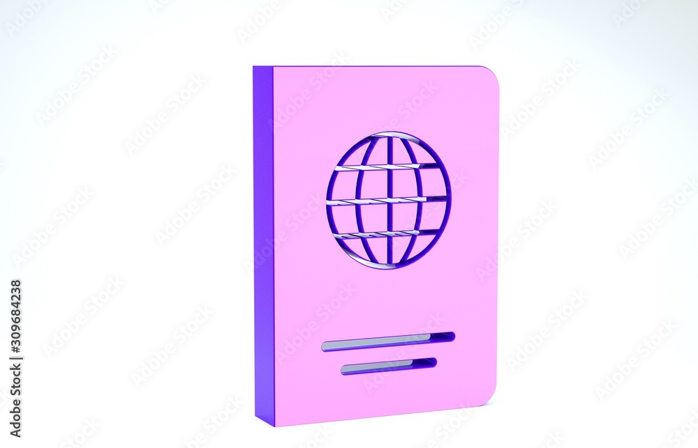 Poster purple passport with biometric data icon isolated on white background. identification document. 3d i