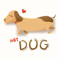 Kawaii character cartoon brown dog, long body, cute like hot dog, And the text 